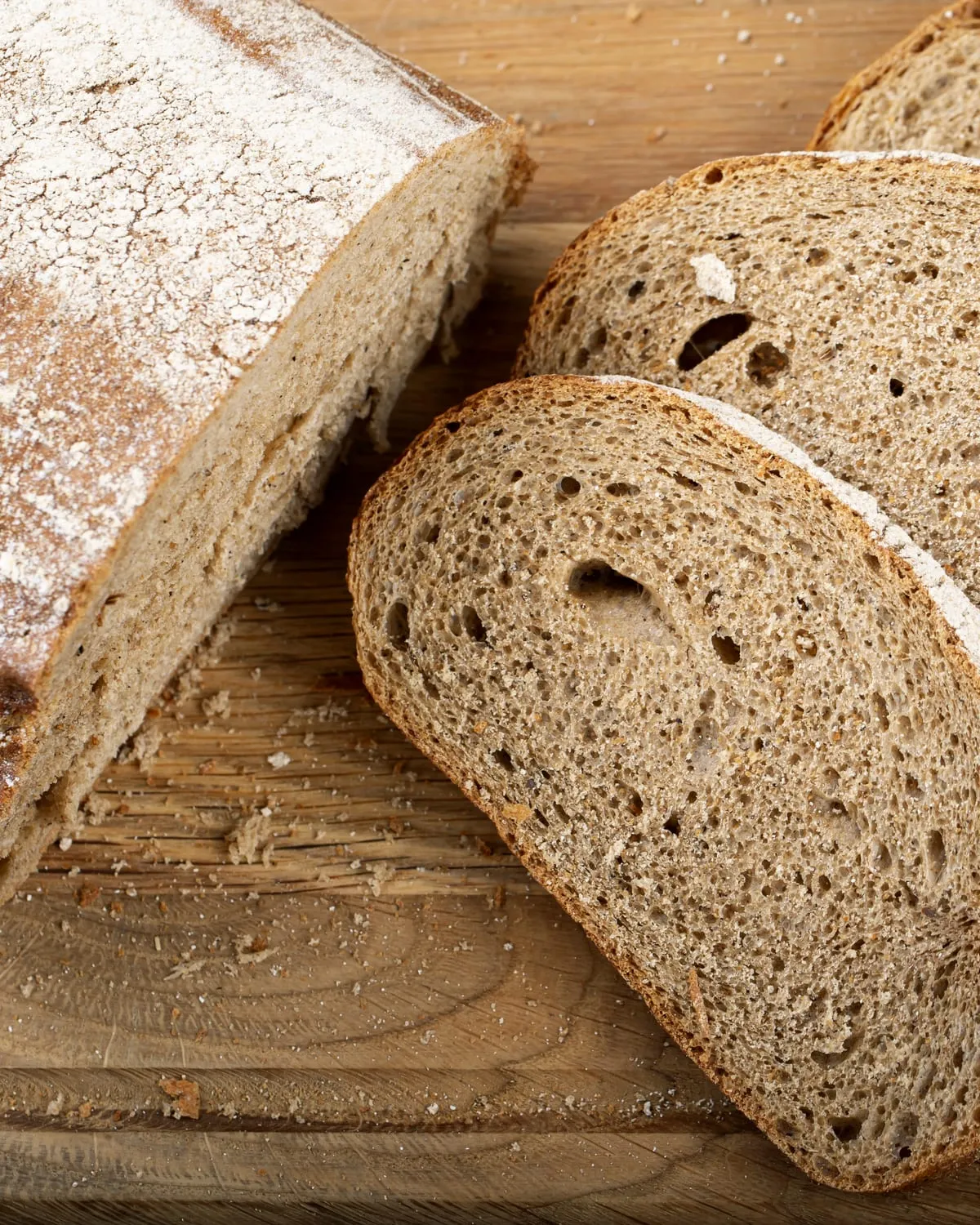 Sliced country loaf showing an open, soft crumb